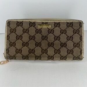 🤎GUCCI Monogram Metal Bar Zip Around Long Wallet Beige Ebony Off White!!🤎